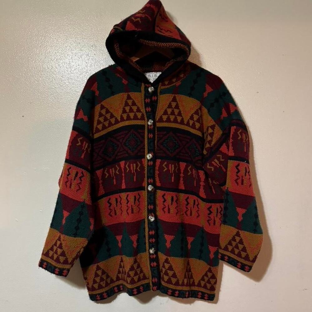 Vintage 90s Aztec Style Western Button Down Sweater With Hood Size Men’s 2XL